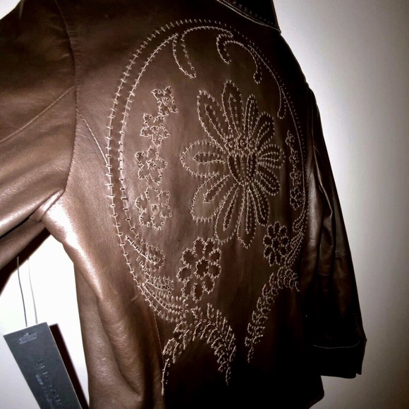 Rare NWT $898 ELIE TAHARI Jacket Size S Genuine Leather Brown Embroidery - Small - Picture 1 of 13